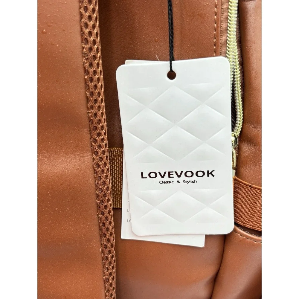 LOVEVOOK Brown Faux Leather Laptop Backpack USB Work Travel‎ Bag Multi Pocket